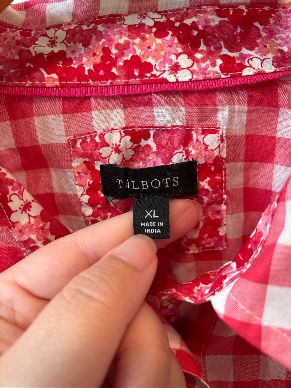 Talbots Pink and White Gingham Button-Up Shirt Floral detail XL Cotton - Picture 2 of 5